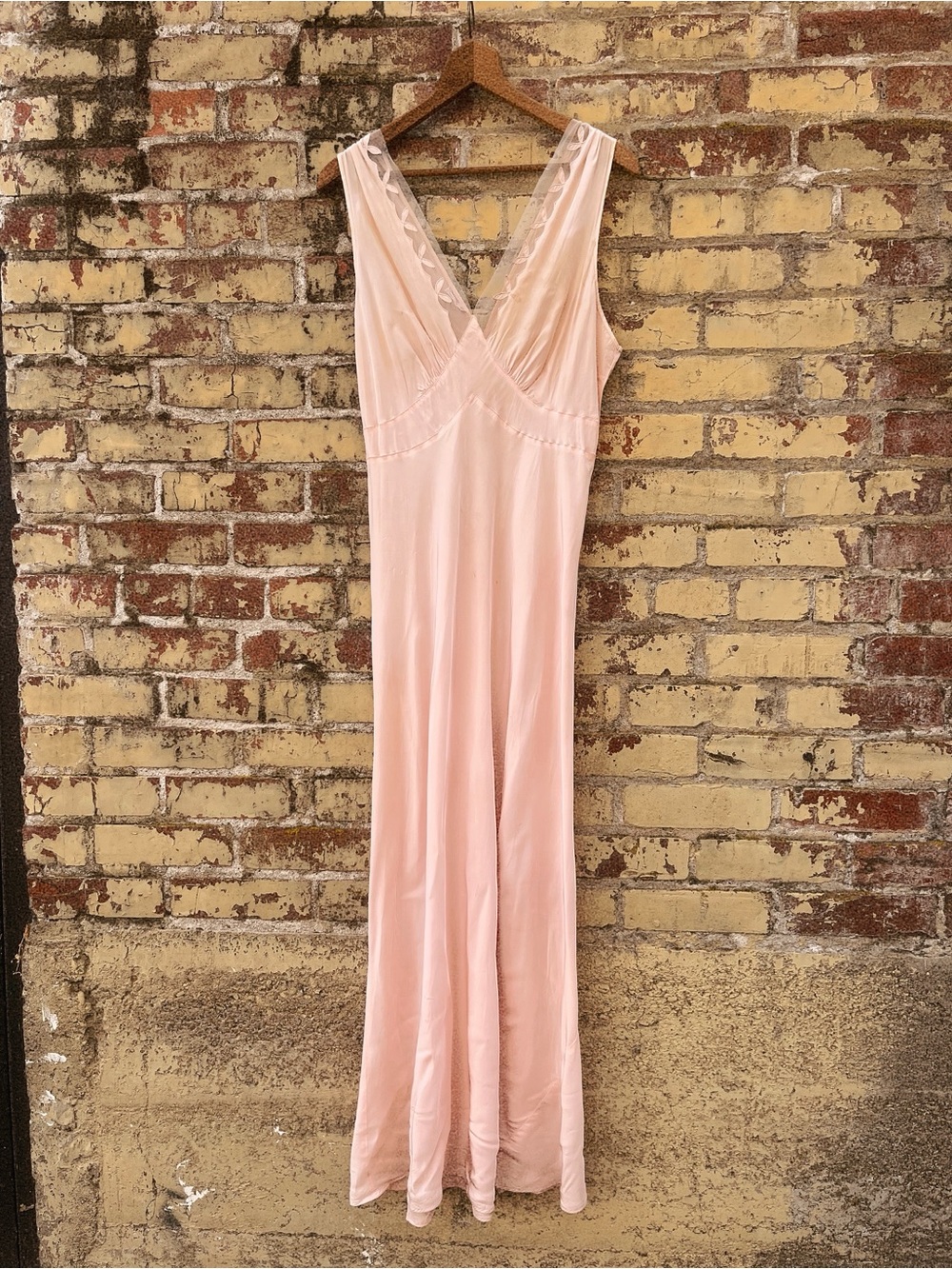 Antique Art Deco 1940s 40s Vintage Pink Rayon Lace Bias Cut Slip Dress S/M